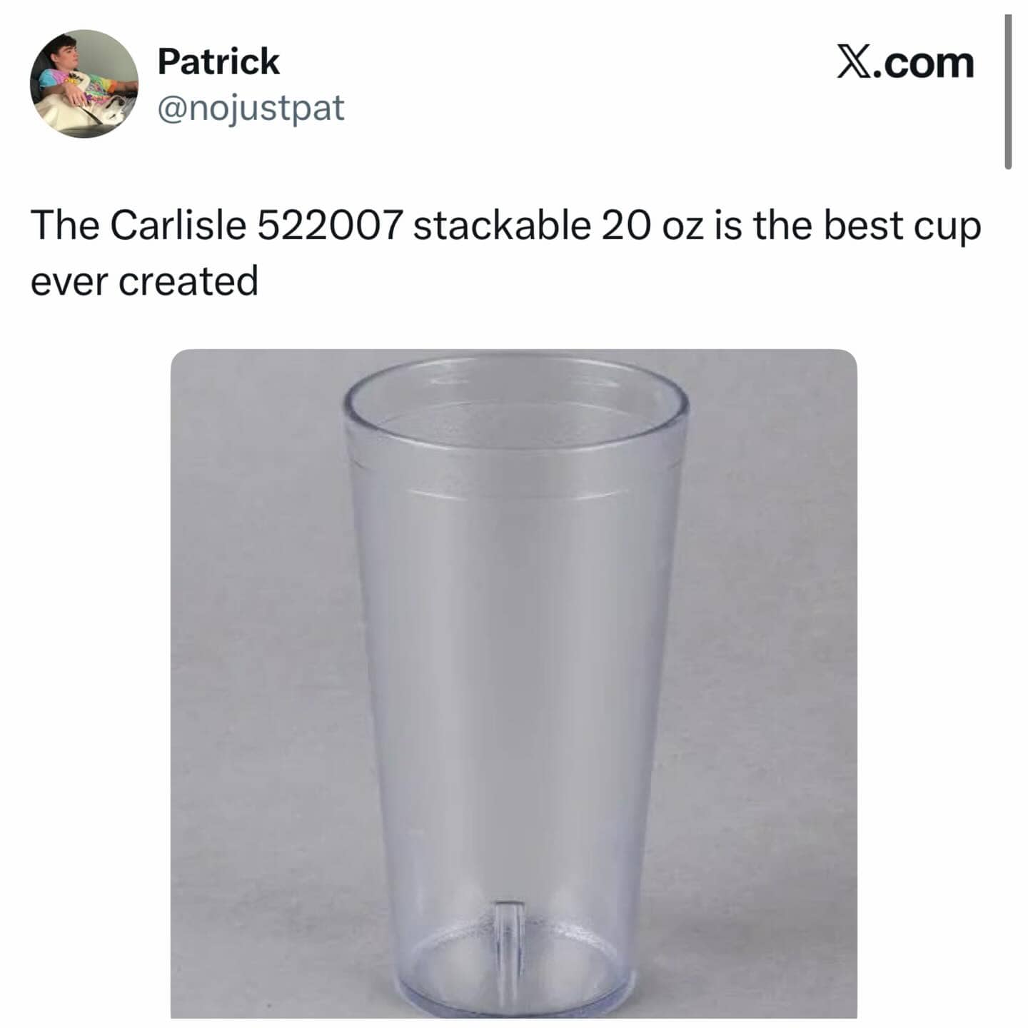 Social media post praising the design of the classic Carlisle stackable plastic restaurant water cup.