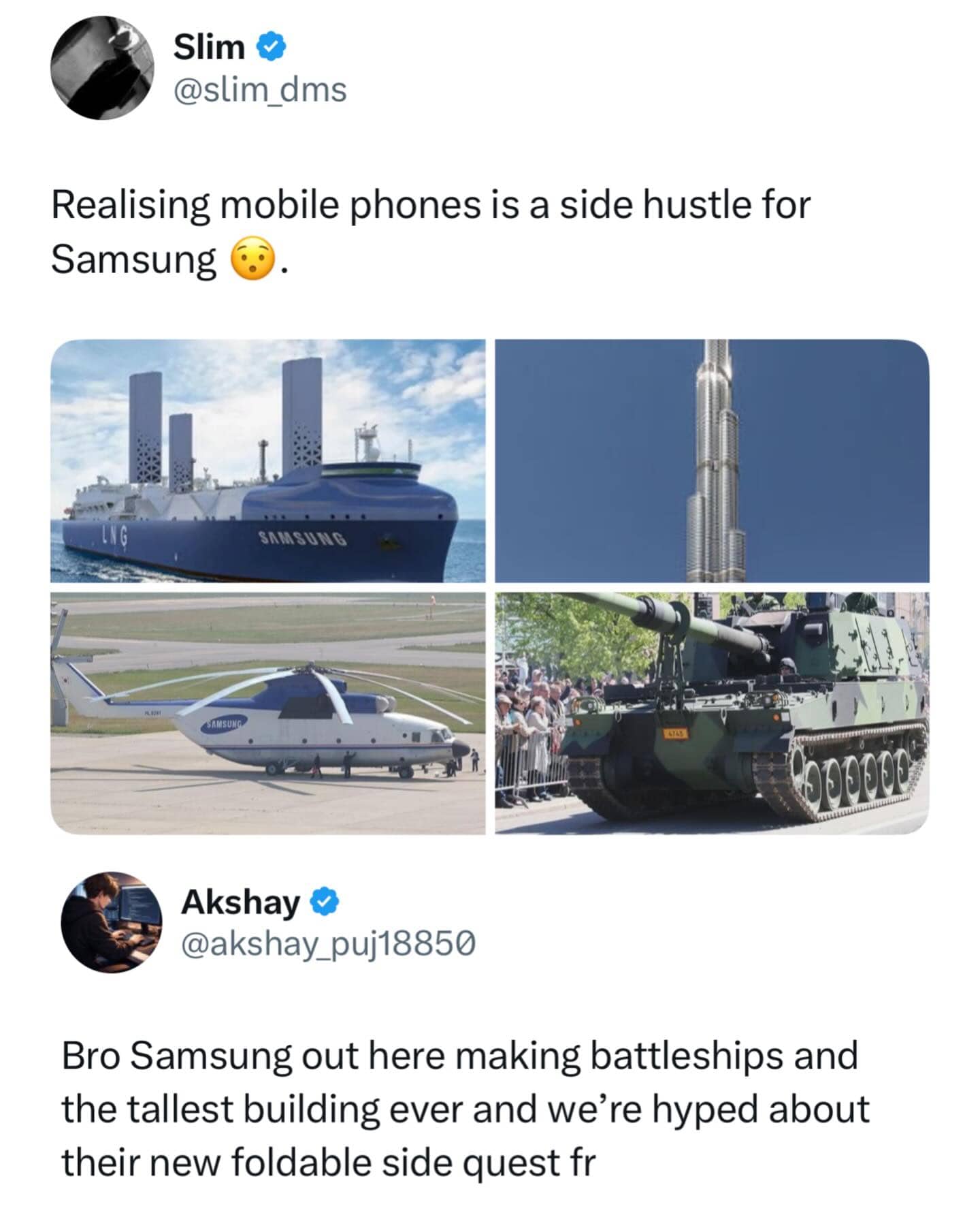 Collage of Samsung heavy industry products including a battleship, a tank, and the Burj Khalifa.