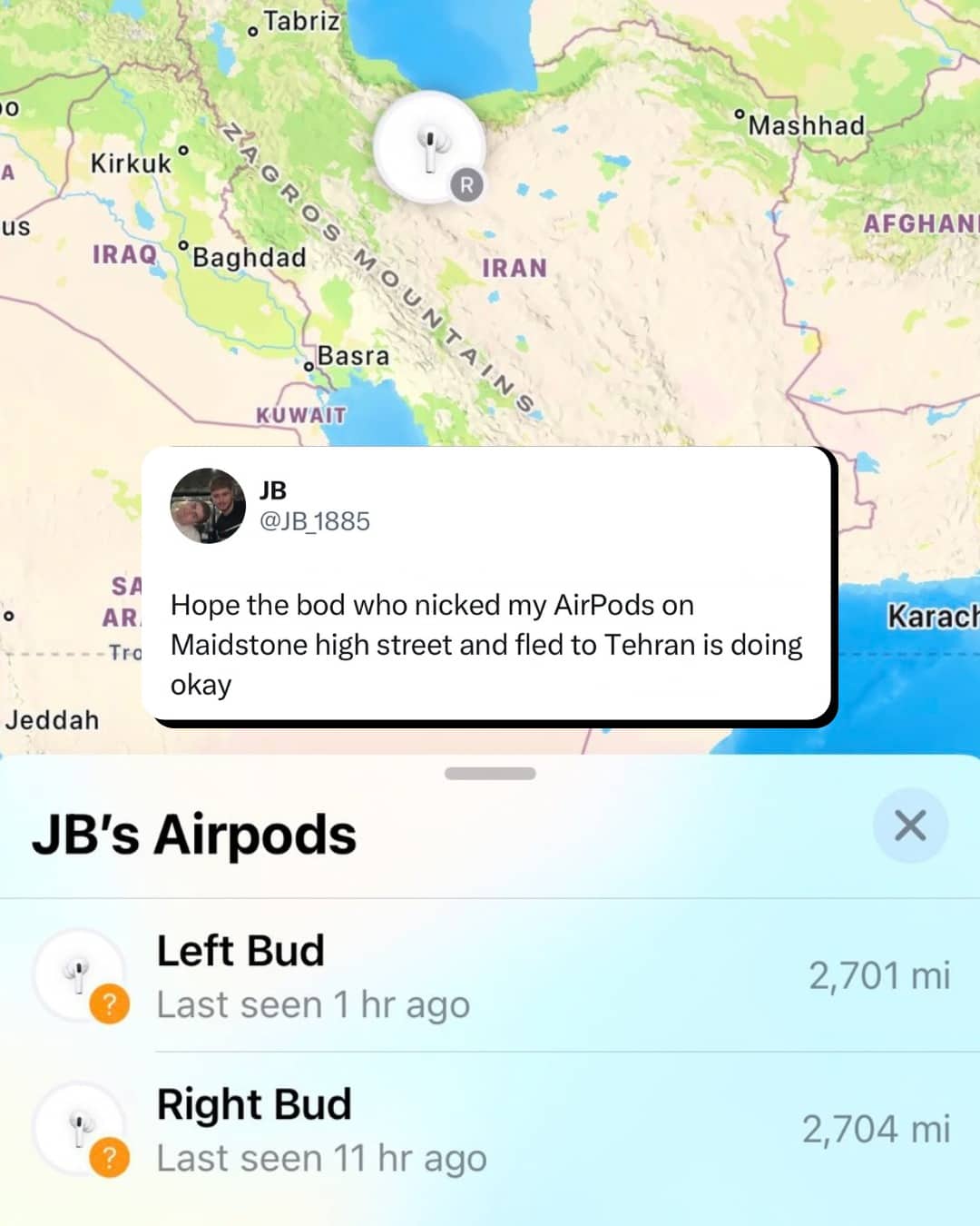 Map showing stolen AirPods located in Tehran after being taken from a street in Maidstone.