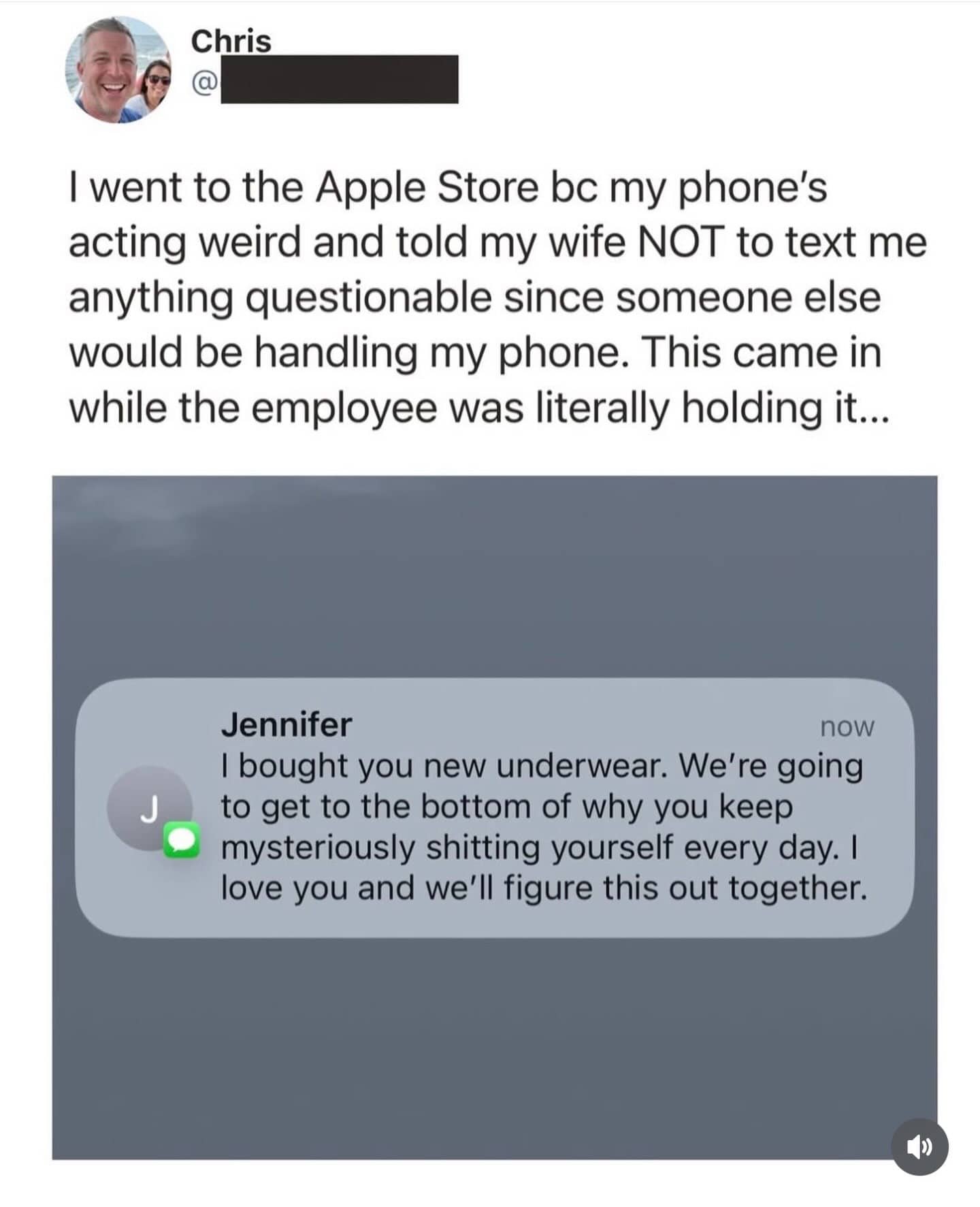 Social media story about a wife sending an embarrassing text while a technician fixes a phone.