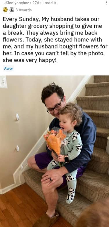 Wholesome social media post showing a father sitting on stairs giving flowers to his toddler.