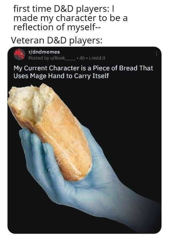 Dungeons and Dragons meme comparing first-time player characters to a veteran's sentient piece of bread.
