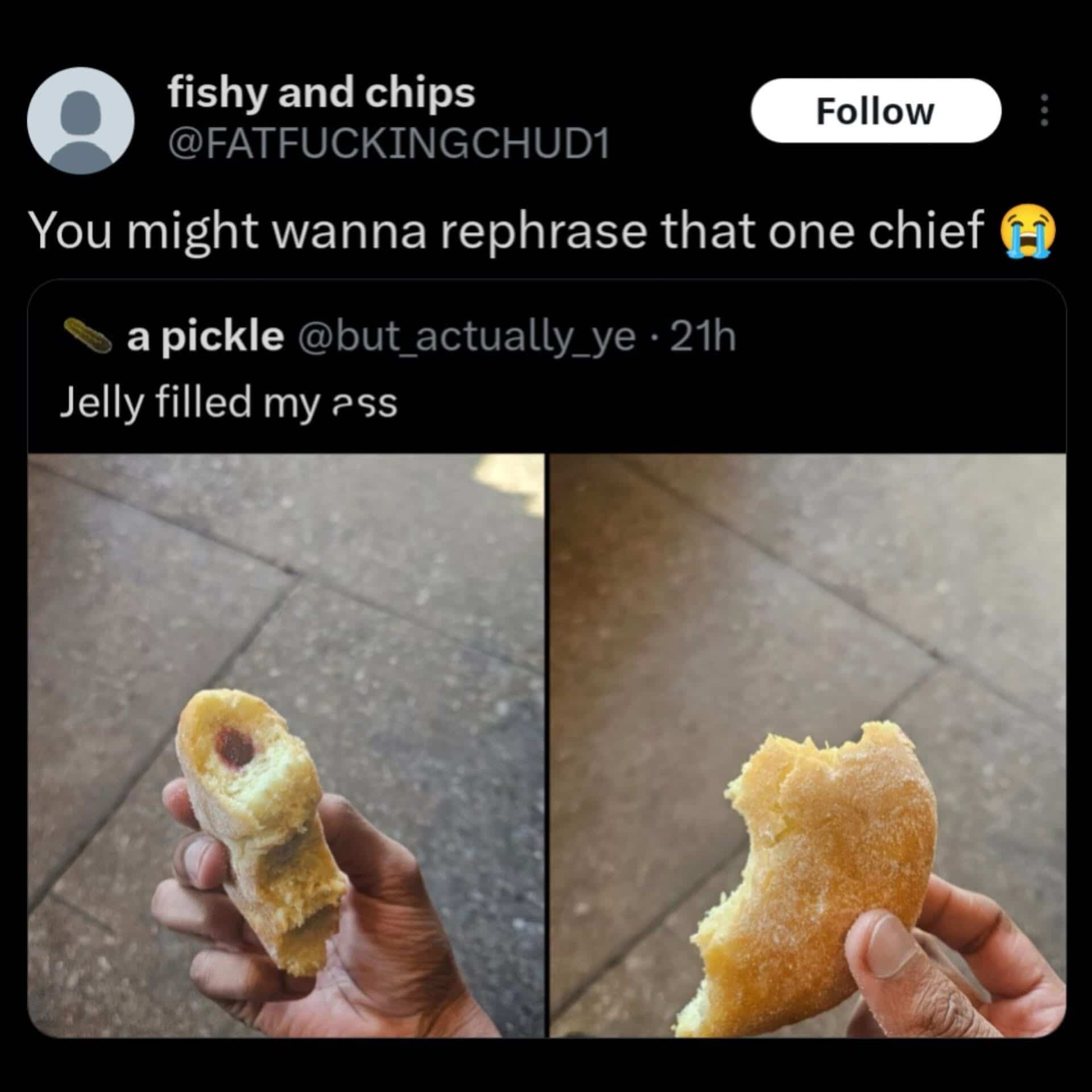 Funny post highlighting an unfortunate phrasing about a jelly-filled donut on social media.