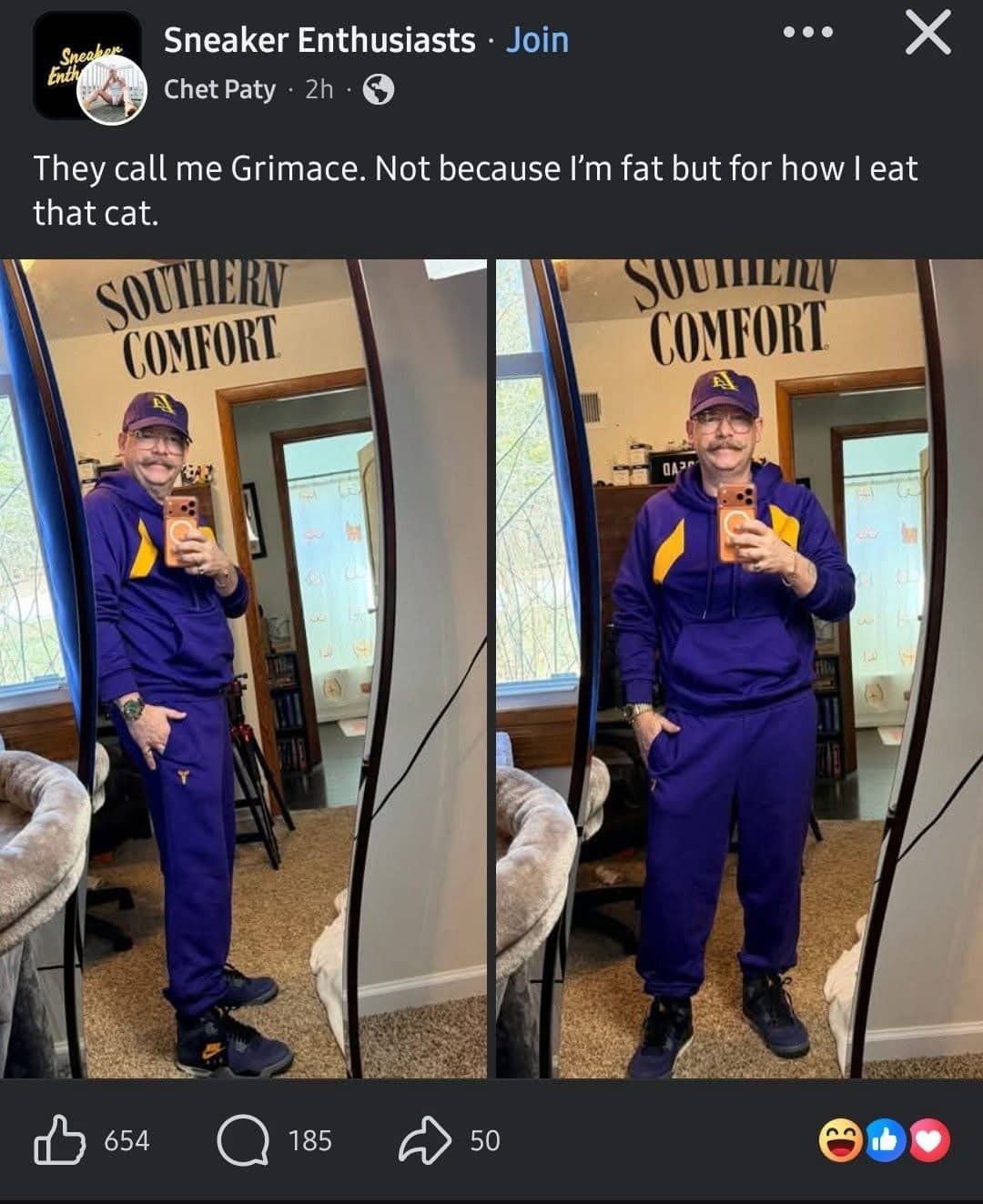 Man wearing an all-purple tracksuit with a humorous caption about being nicknamed Grimace.
