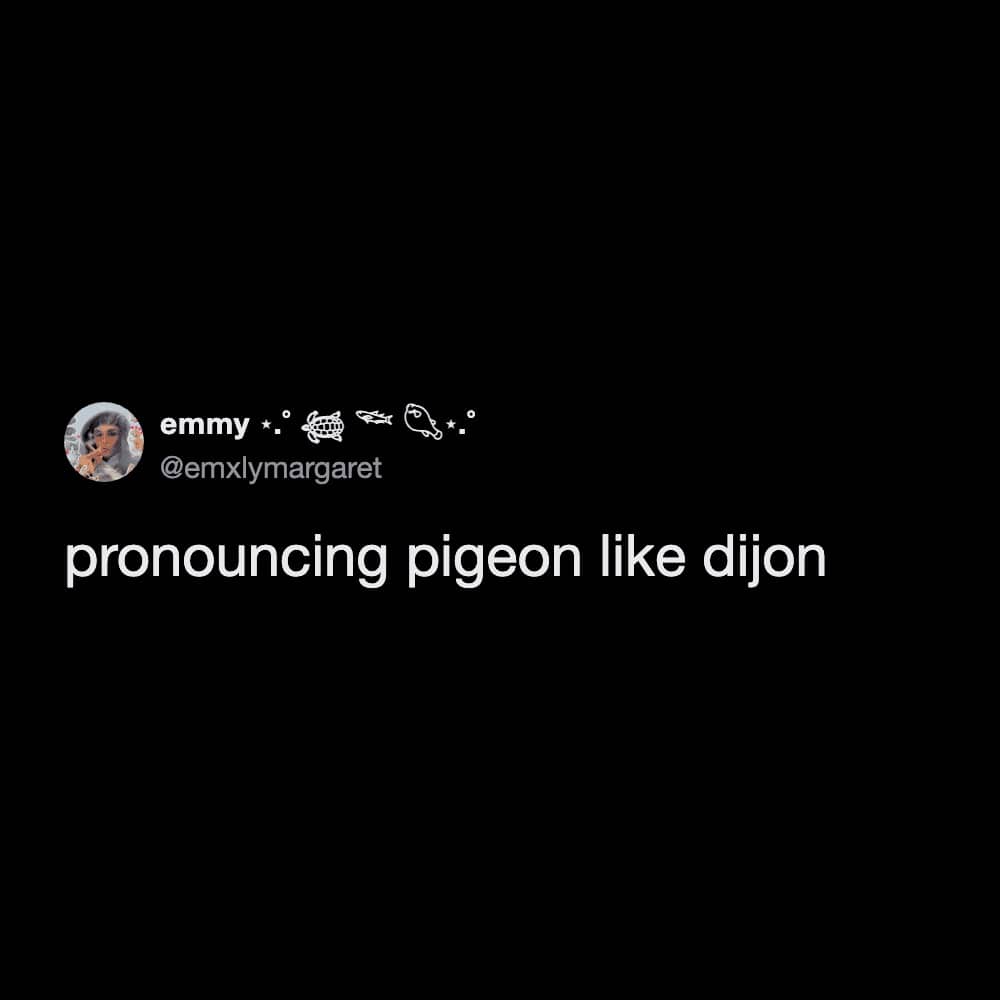 Dark social media post featuring the text joke about pronouncing pigeon like the word Dijon.