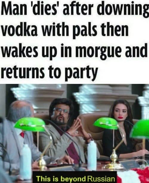 News headline about a man waking up in a morgue after drinking vodka with friends.