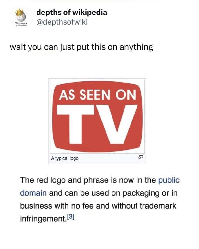 Wikipedia screenshot explaining that the As Seen On TV logo is now in the public domain.