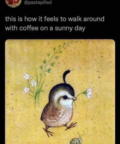 Artistic illustration of a tiny bird carrying a flower, representing walking with coffee on sunny days.