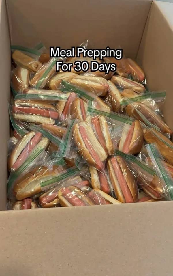 Cardboard box filled with individual plastic baggies containing hot dogs in buns, captioned "Meal Prepping For 30 Days."