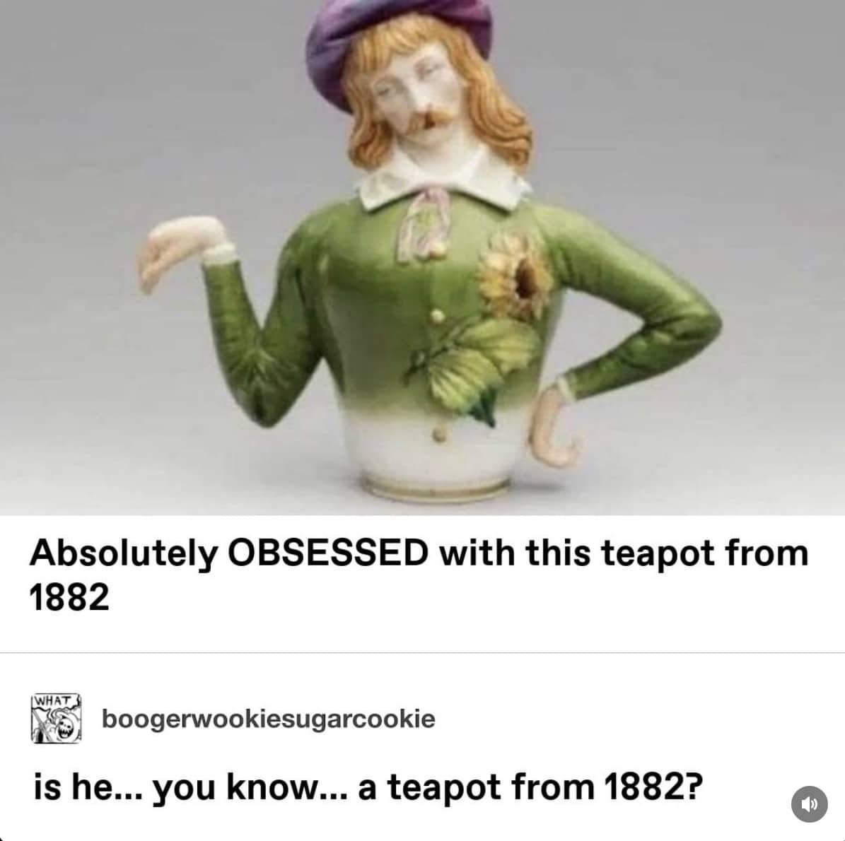 Antique teapot from 1882 shaped like a man in a green jacket posing with a sunflower.