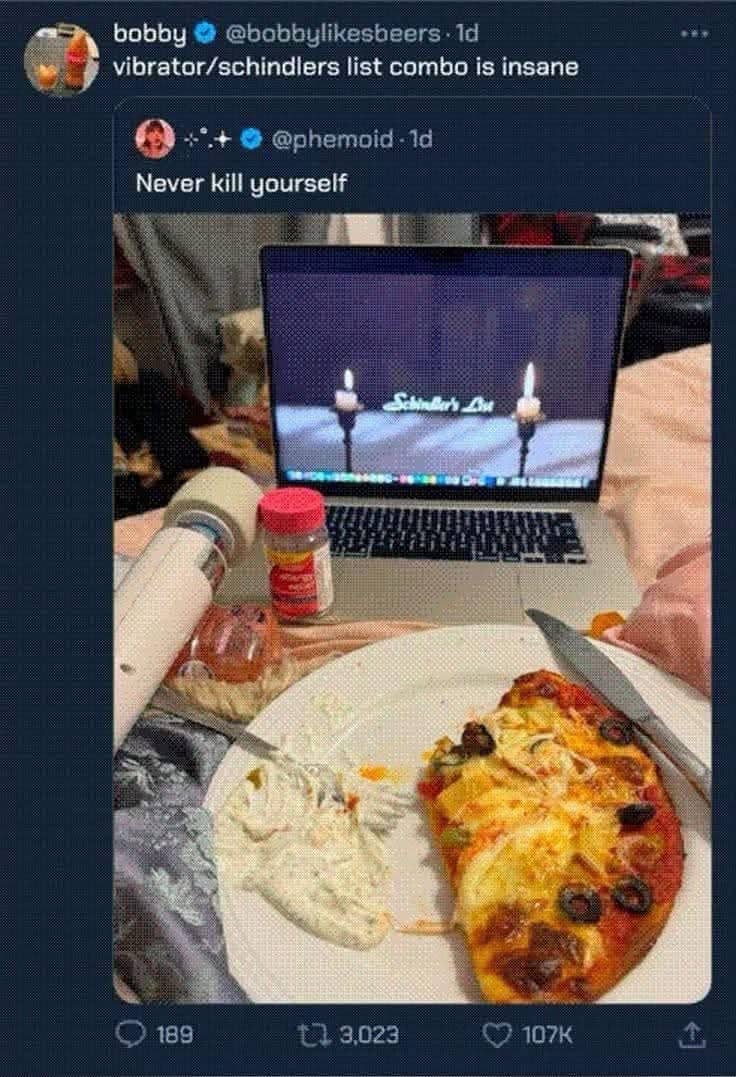 Cursed bedroom setup meme featuring a vibrator, Schindler's List on a laptop, and a plate of pizza.
