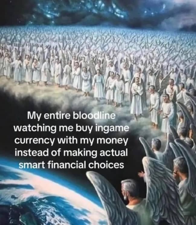 Illustration of an entire bloodline of angels watching someone buy in-game currency with real money.