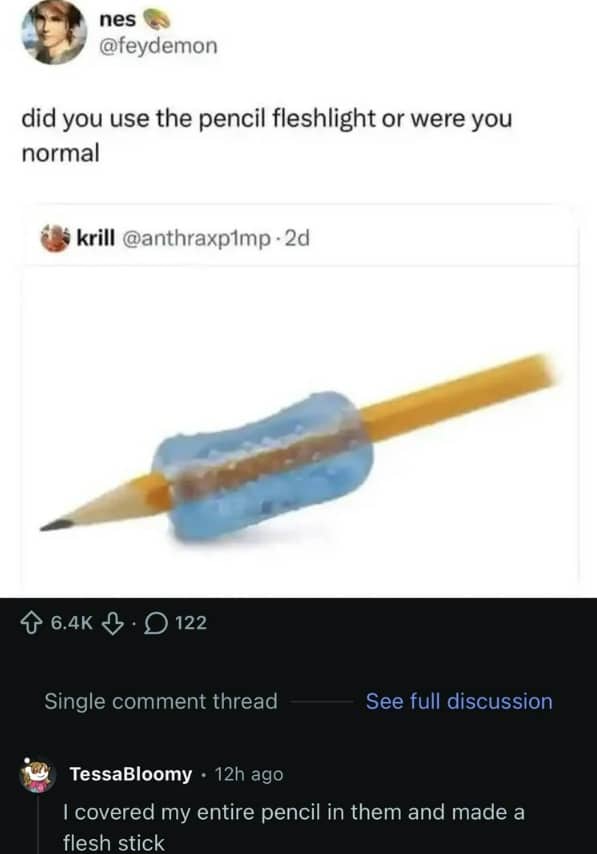 Social media post showing a blue rubber pencil grip and a comment about a flesh stick.