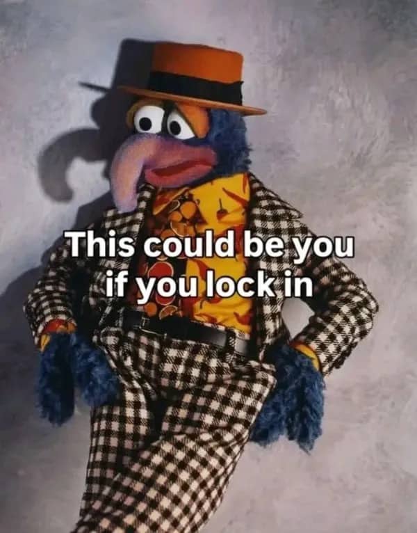 Muppet character Gonzo wearing a plaid suit and fedora with caption about locking in.