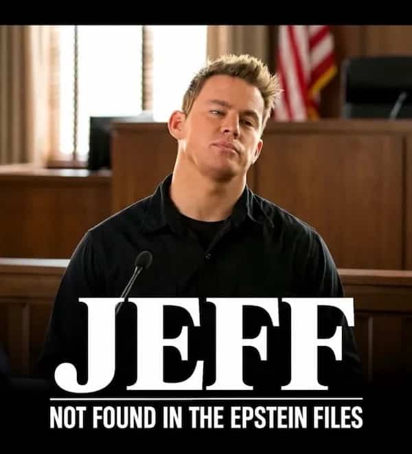 Channing Tatum in a courtroom scene with a caption joking about not being in Epstein files.