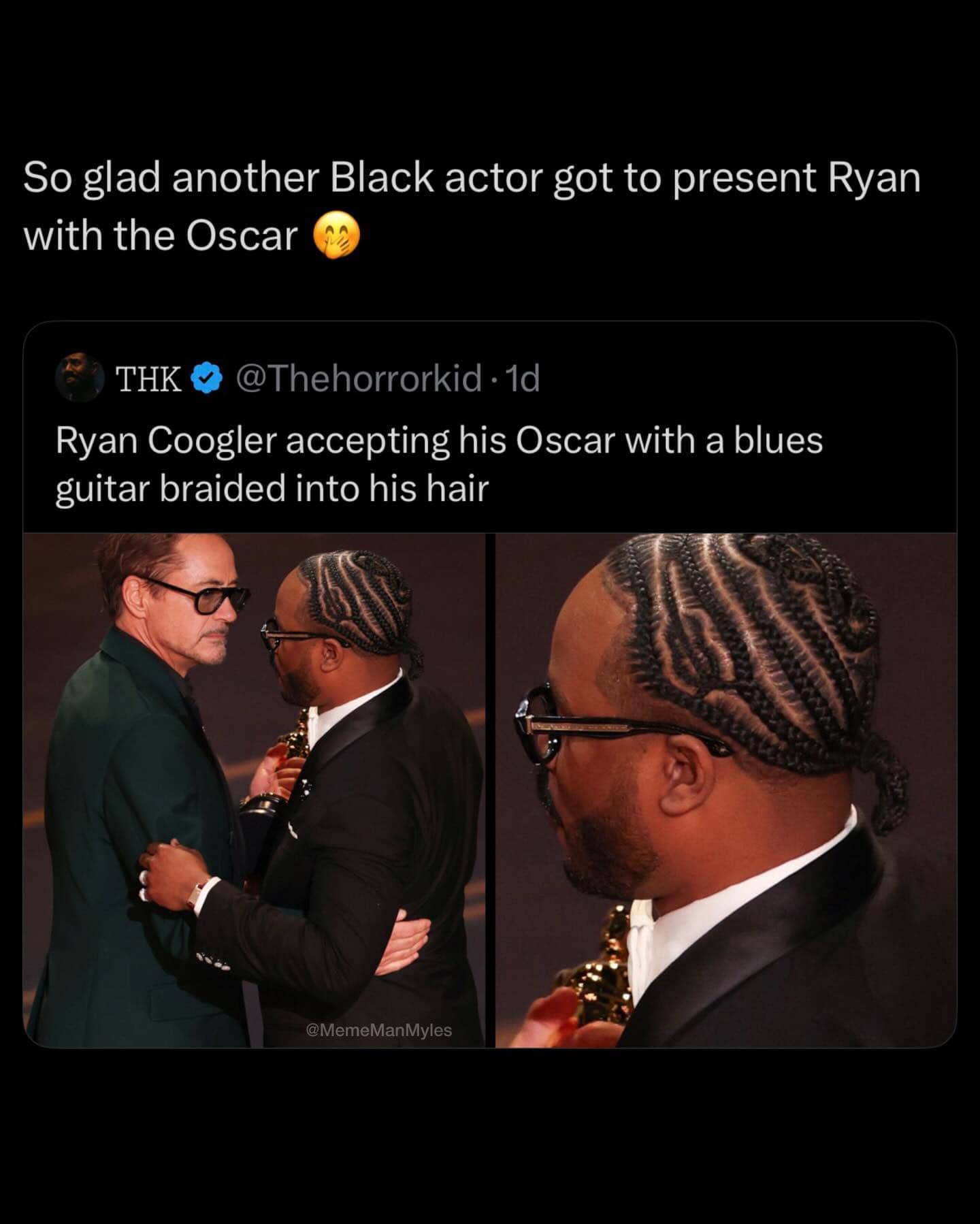 Red carpet photo showing a man with a guitar shape braided into his hair at an awards show.