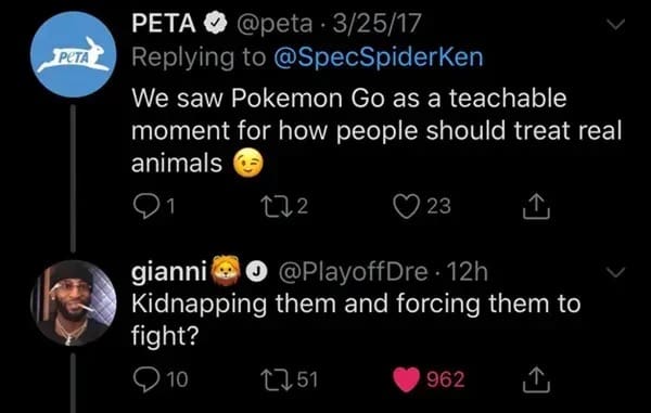 Twitter exchange where PETA mentions Pokemon Go and a user replies with a joke about animal fighting.