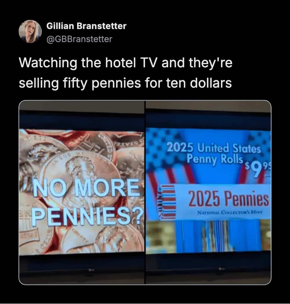 Screenshot of a hotel television advertisement selling fifty pennies for ten dollars as a collectible.