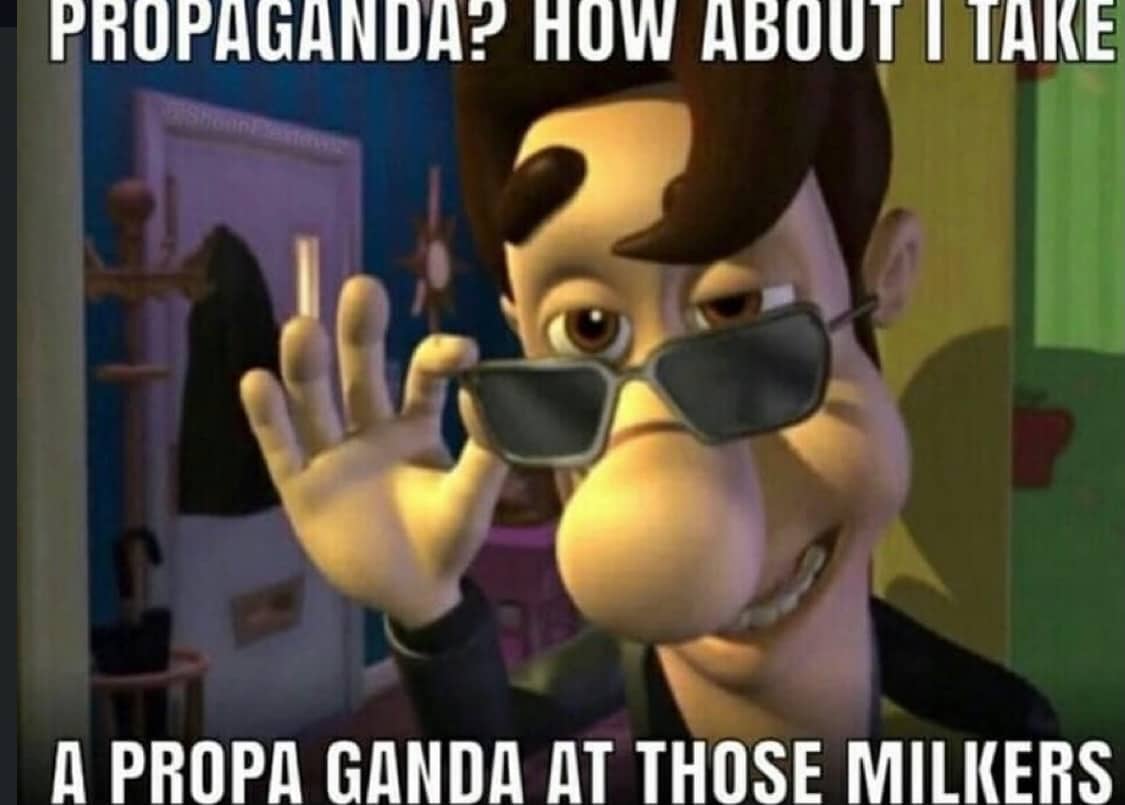 Jimmy Neutron's dad meme using a play on words between propaganda and a proper look.