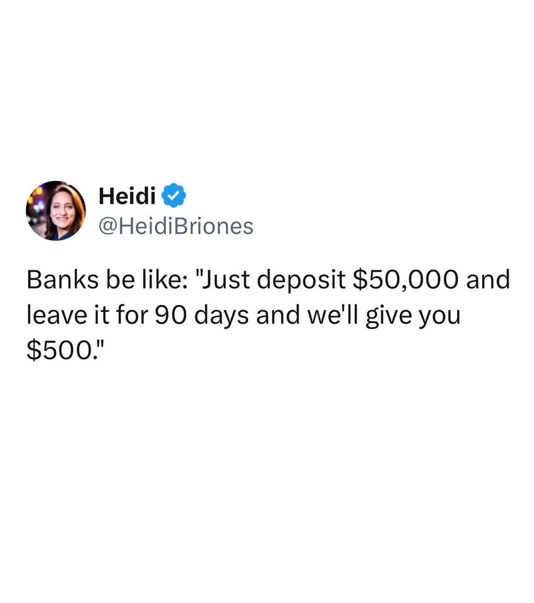 Social media post mocking bank promotions that require large deposits for relatively small cash bonuses.
