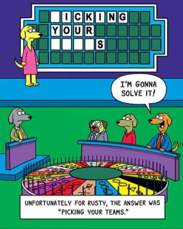 Comic strip of dogs playing a word game show with a crude, incorrect guess displayed.