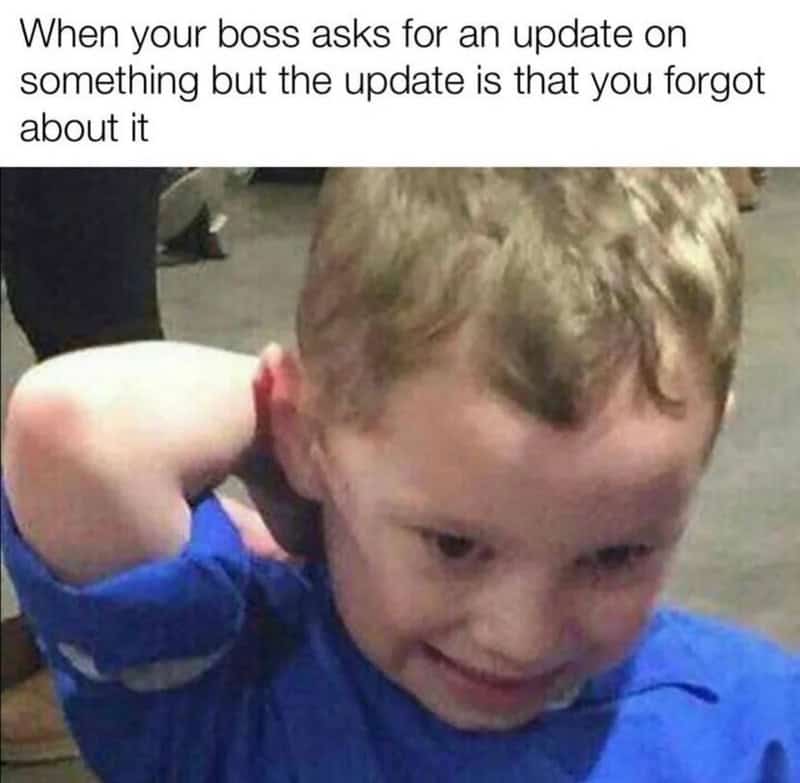 A funny meme about work showing a little kid awkwardly smiling and rubbing the back of his neck, perfectly capturing the panic of a boss asking for an update on a task you completely forgot existed.