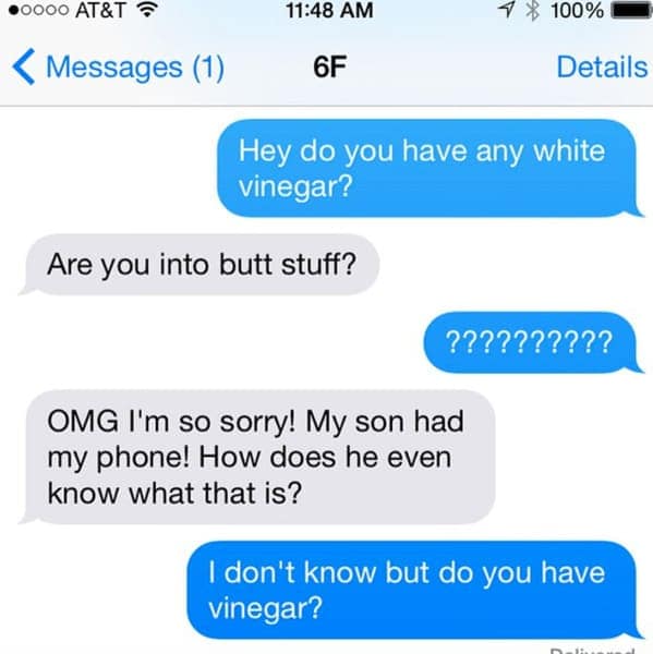 bizarre text exchange starting with a simple request for white vinegar. The neighbor replies with an inappropriate question about "butt stuff," only to immediately blame their son for having the phone and asking how a child would even know what that is.