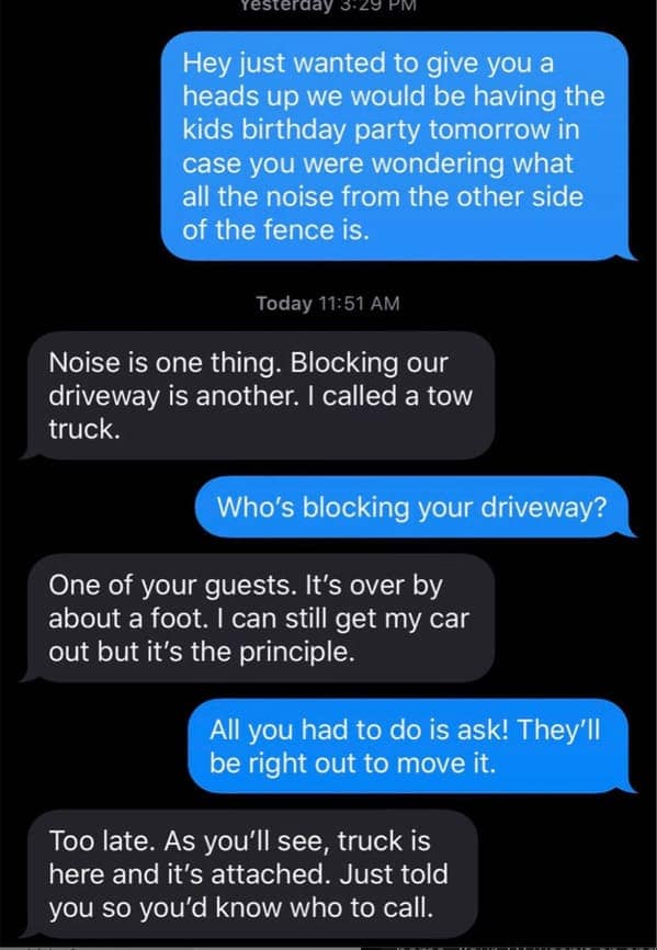 soul-crushing text exchange where a parent gives a neighbor a "heads up" about a kids' birthday party. The neighbor responds by announcing they’ve already had a guest's car towed for being one foot over the driveway line, stating, "it’s the principle."