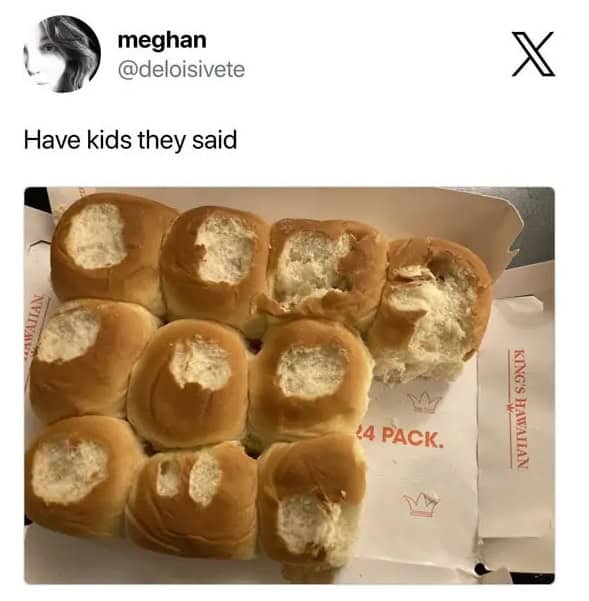 The pure tragedy of parenthood captured in a funny parenting tweet by meghan. The image shows a 12-pack of King's Hawaiian rolls where a child has picked out and eaten only the soft, center tops of nine different rolls, leaving a mangled box of crusts behind.