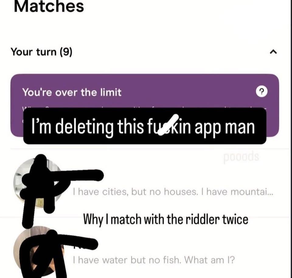 Screenshot of a dating app profile where the match only communicates through cryptic riddles.