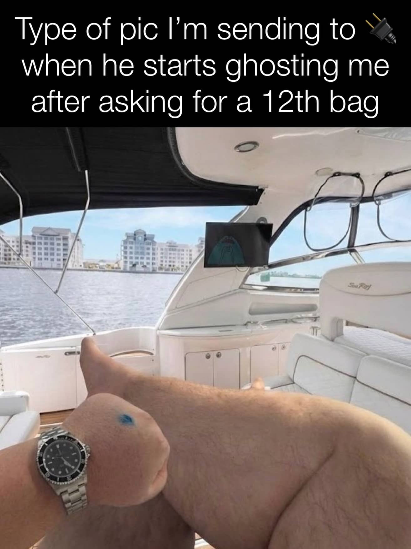 Perspective photo from a boat making a hairy leg and knee look like a thumb.