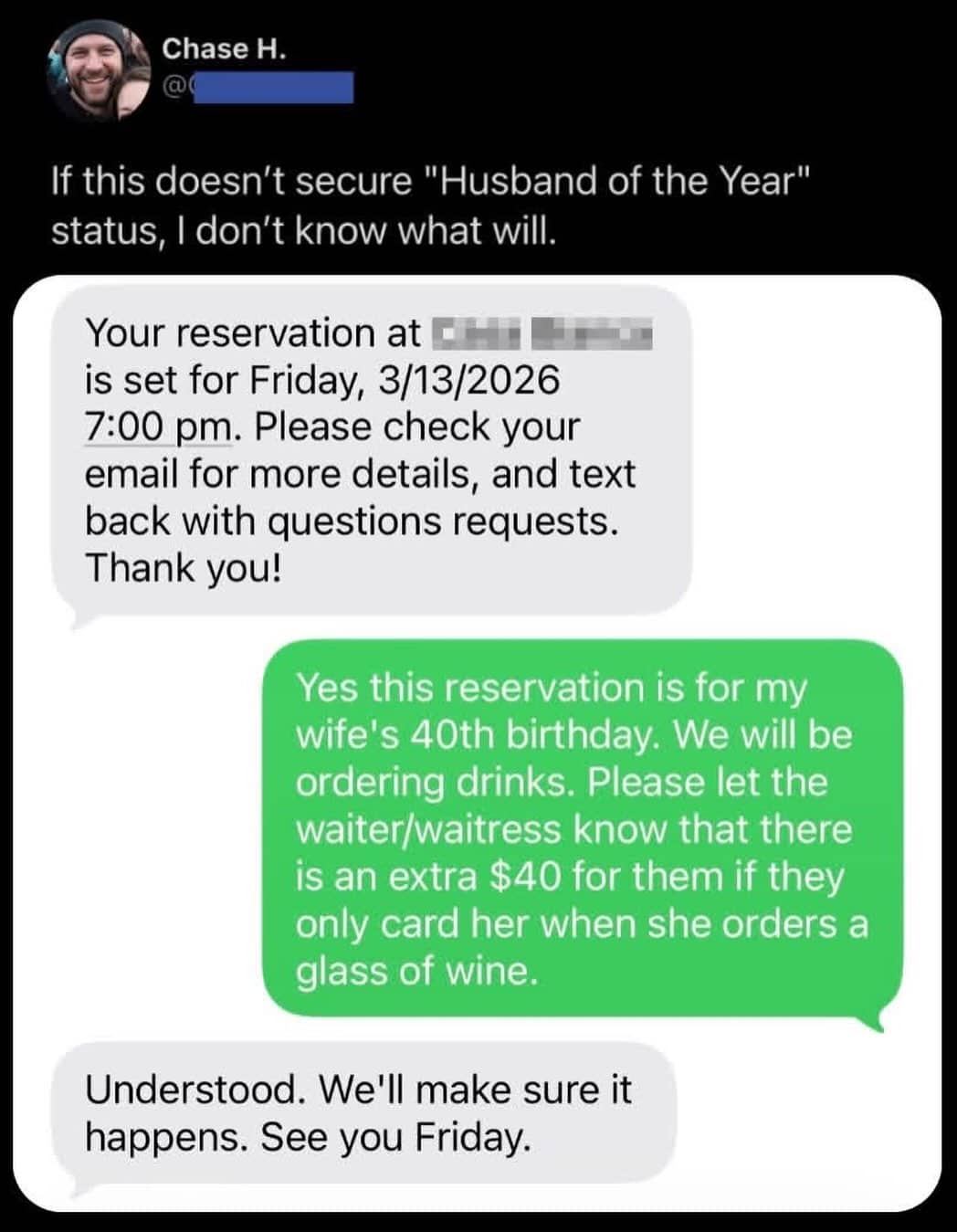 Funny text exchange where a husband bribes a restaurant to ID his wife for her 40th birthday.