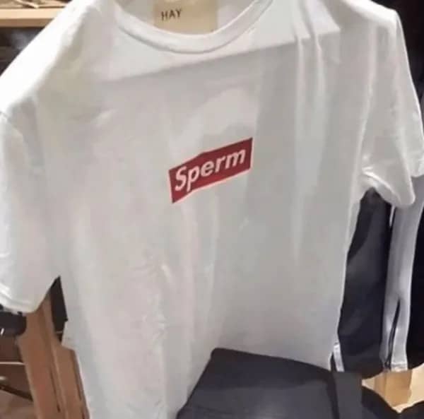 White t-shirt featuring a red rectangular box logo with the word Sperm in white text.
