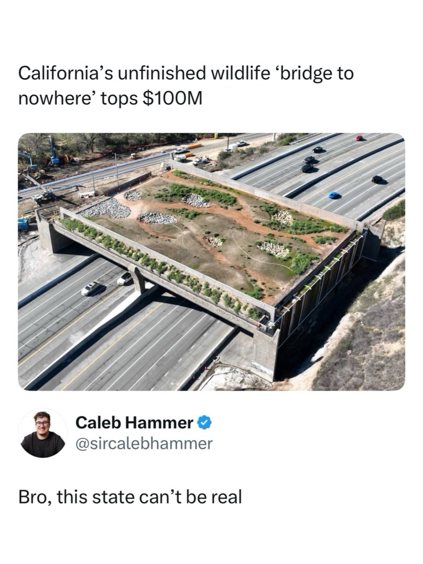 Aerial view of California wildlife bridge over highway with text about 100 million dollar cost.
