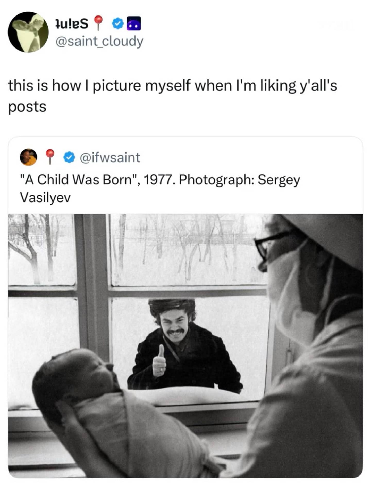 Funny meme comparing liking social media posts to a 1977 Sergey Vasilyev photograph of a father.