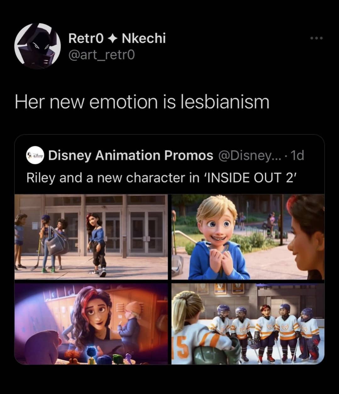 A social media post featuring Riley from Inside Out 2 reacting to a new character.