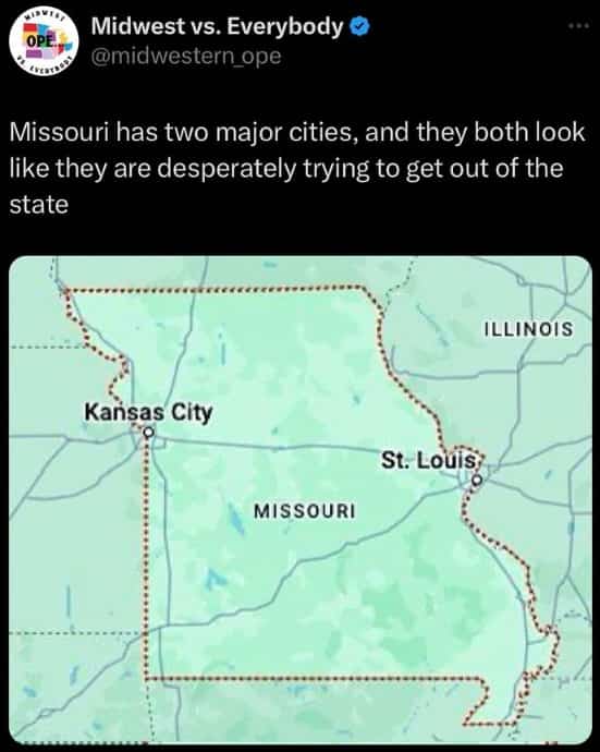 Map of Missouri with a joke about Kansas City and St. Louis trying to leave.