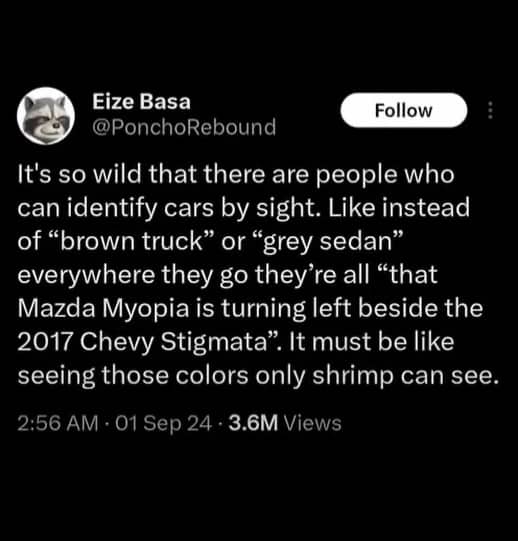 Funny tweet comparing car enthusiasts' ability to identify vehicle models to shrimp seeing extra colors.