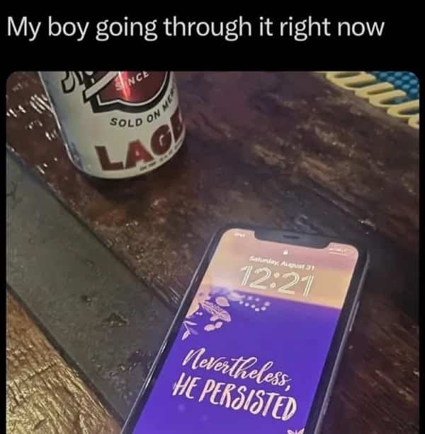 Phone lock screen displaying a motivational quote next to a beer can in a bar.