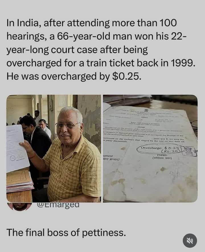 Elderly Indian man holding legal documents after winning a 22-year court case over 25 cents.