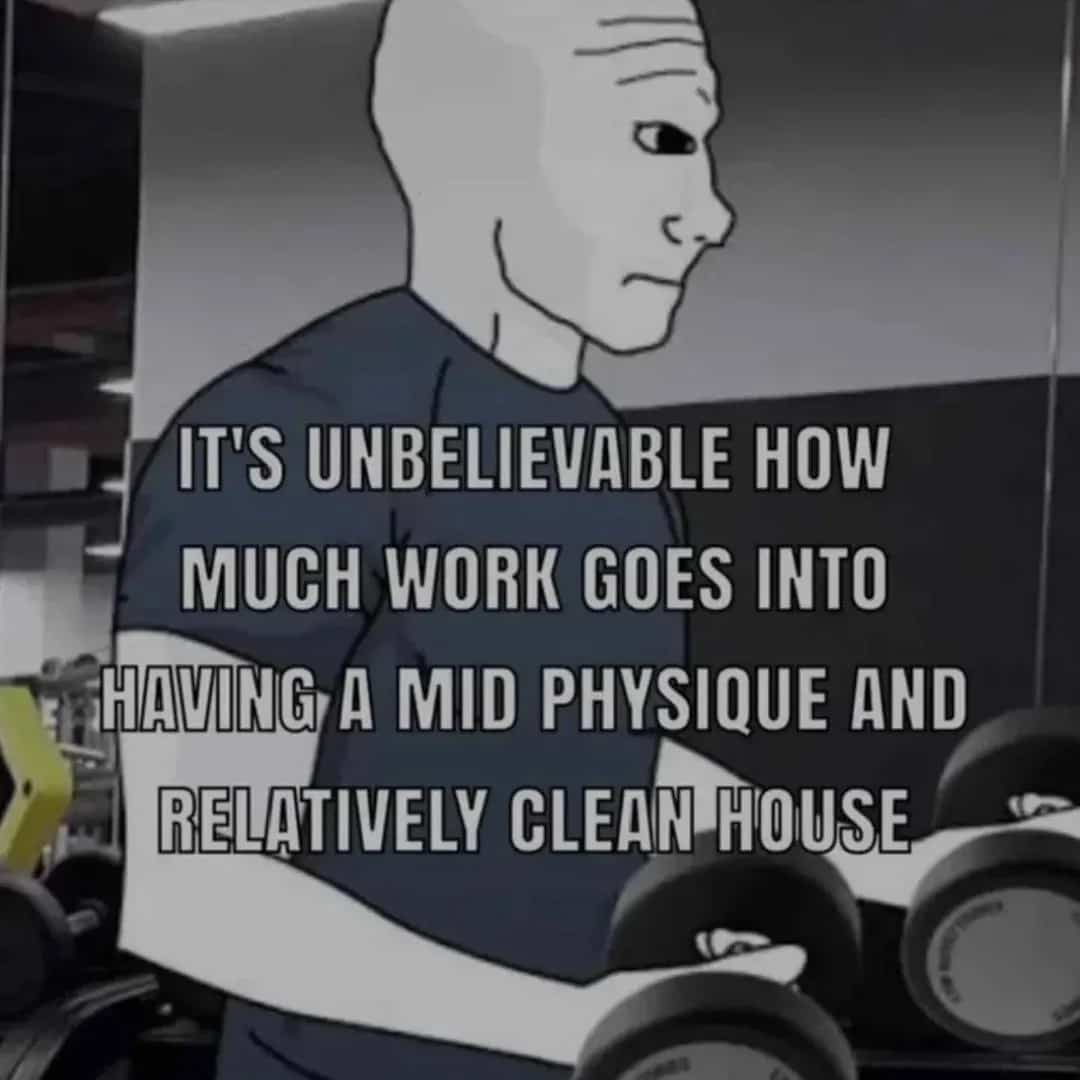 Relatable gym meme about the hard work required to maintain a mid-tier physique and house.