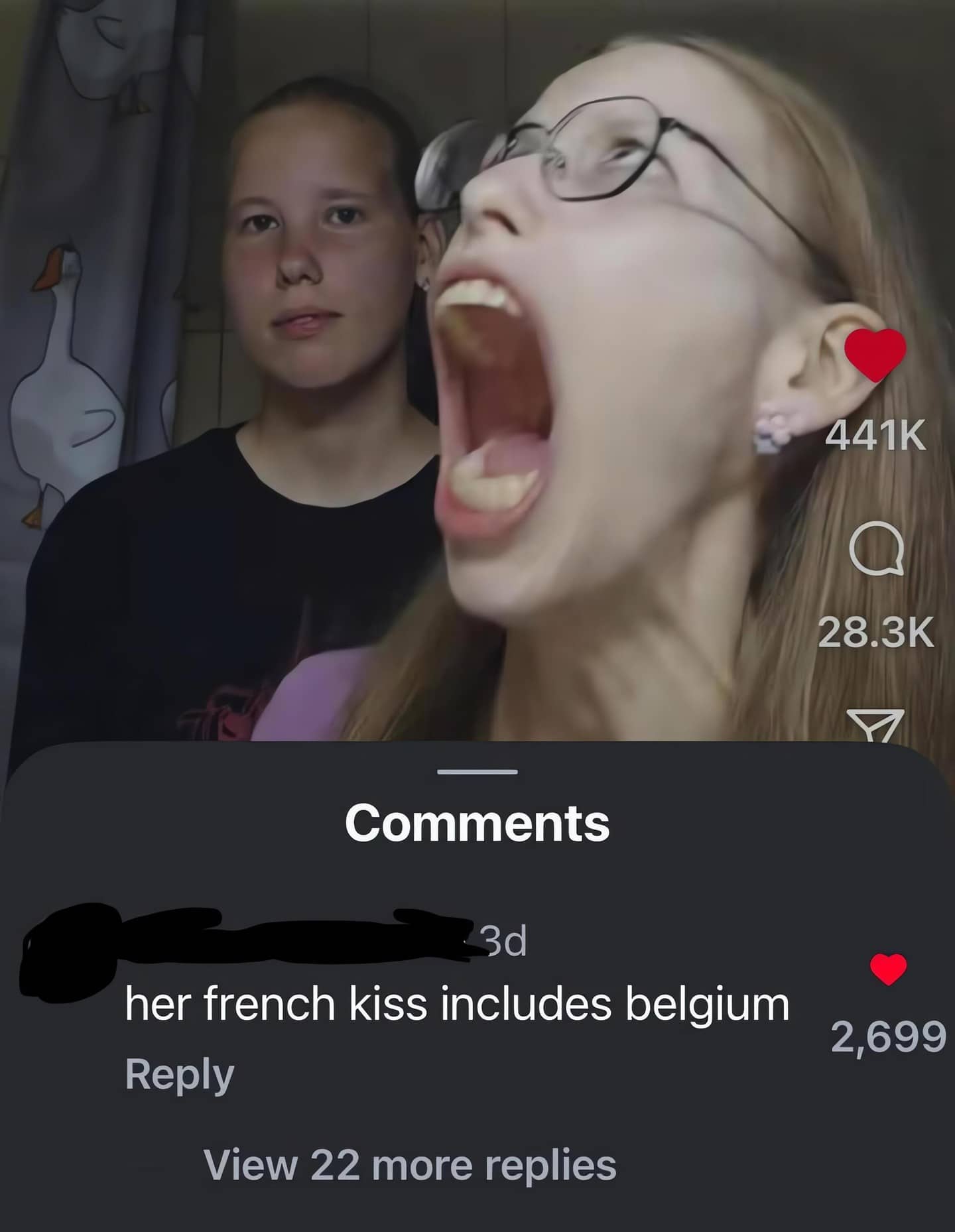 Viral video screenshot of a girl with a wide-open mouth and a witty geographic comment.