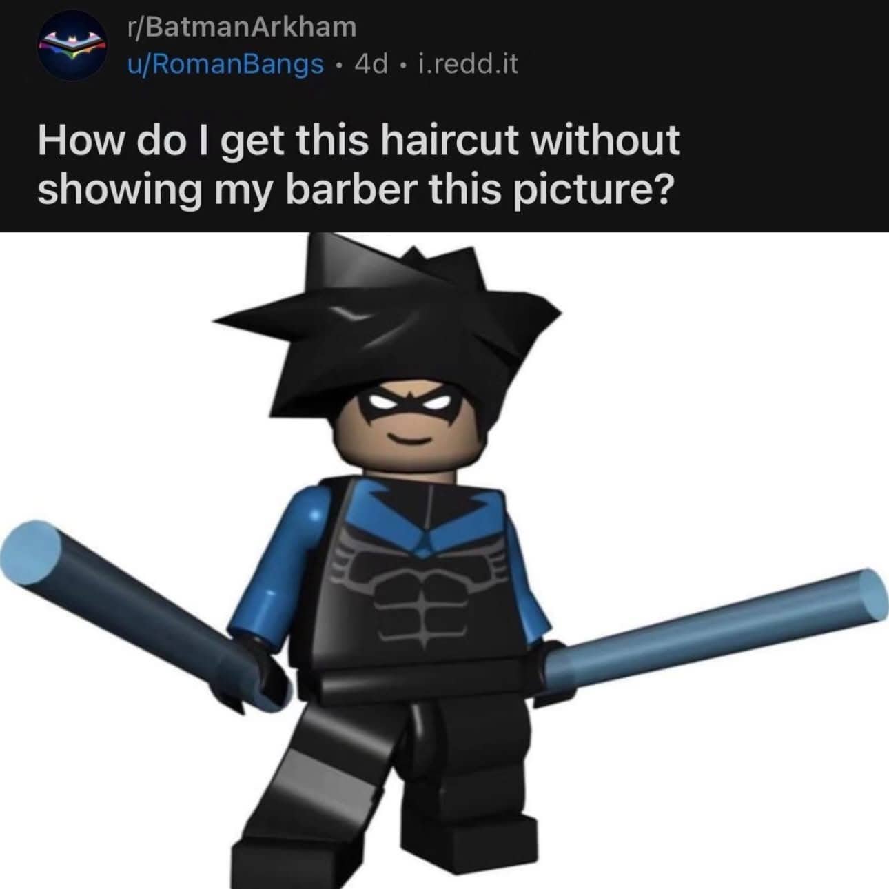 A Lego Nightwing character with a spiky black hairstyle from a video game forum post about haircuts.