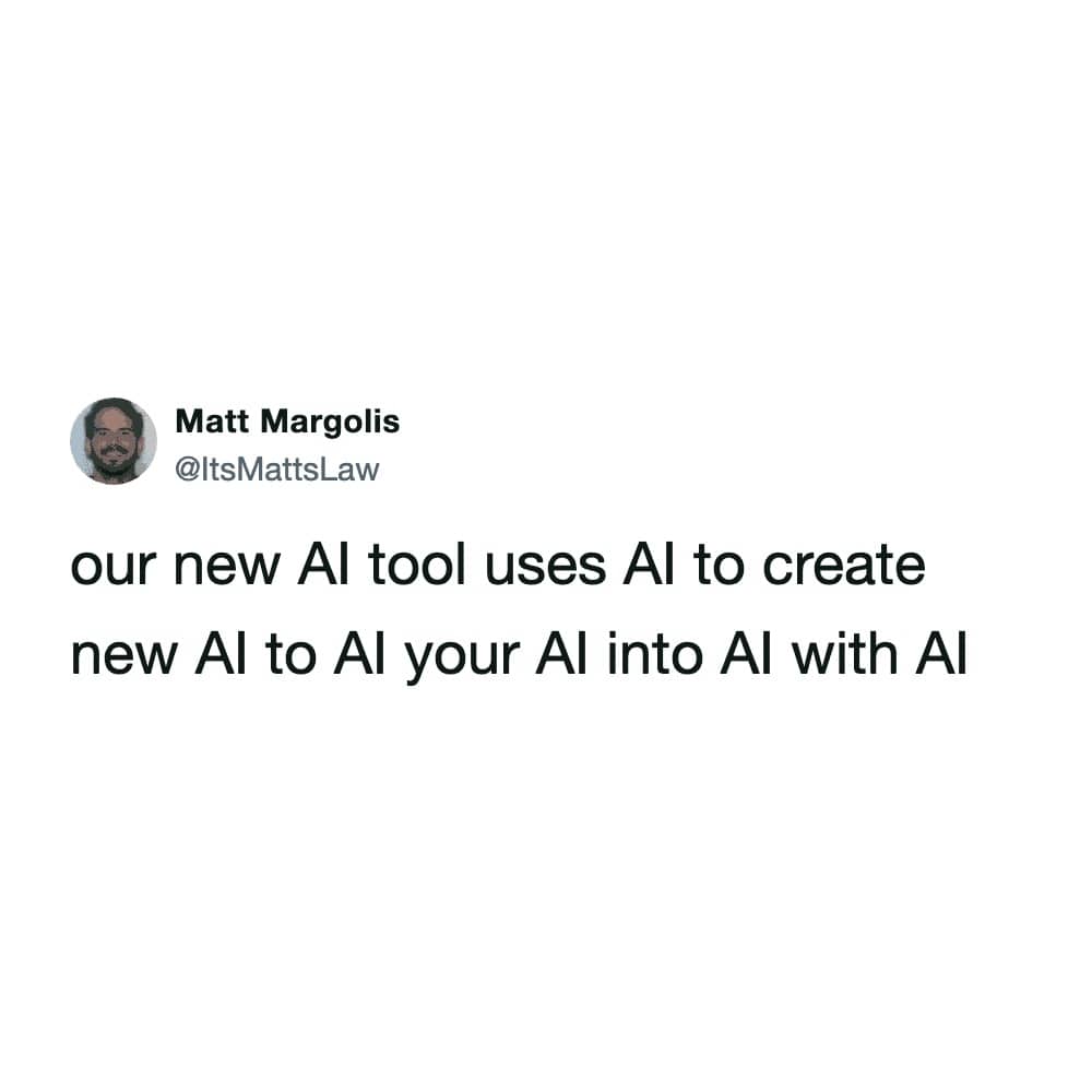 Satirical social media post mocking excessive use of AI buzzwords in modern tech tool marketing.