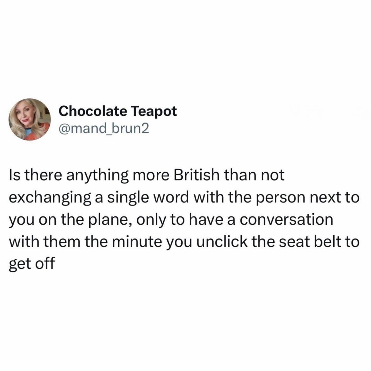 Social media post about the British habit of only speaking to plane seatmates while deboarding.