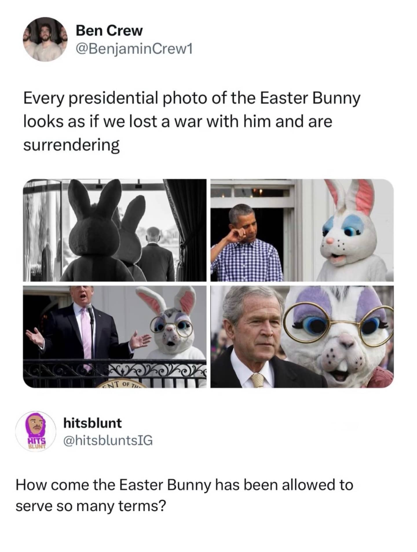 A collage of US Presidents standing next to creepy Easter Bunnies during White House events.