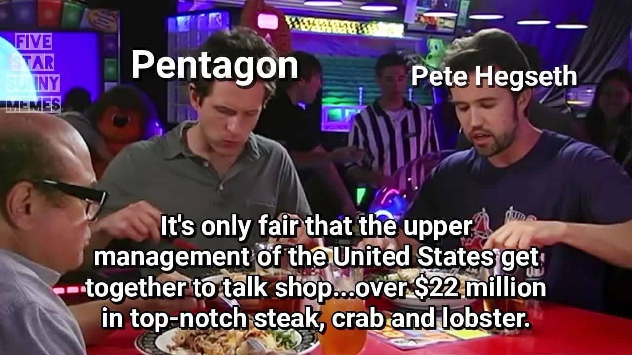 Political meme featuring characters from It's Always Sunny in Philadelphia discussing government spending over dinner.