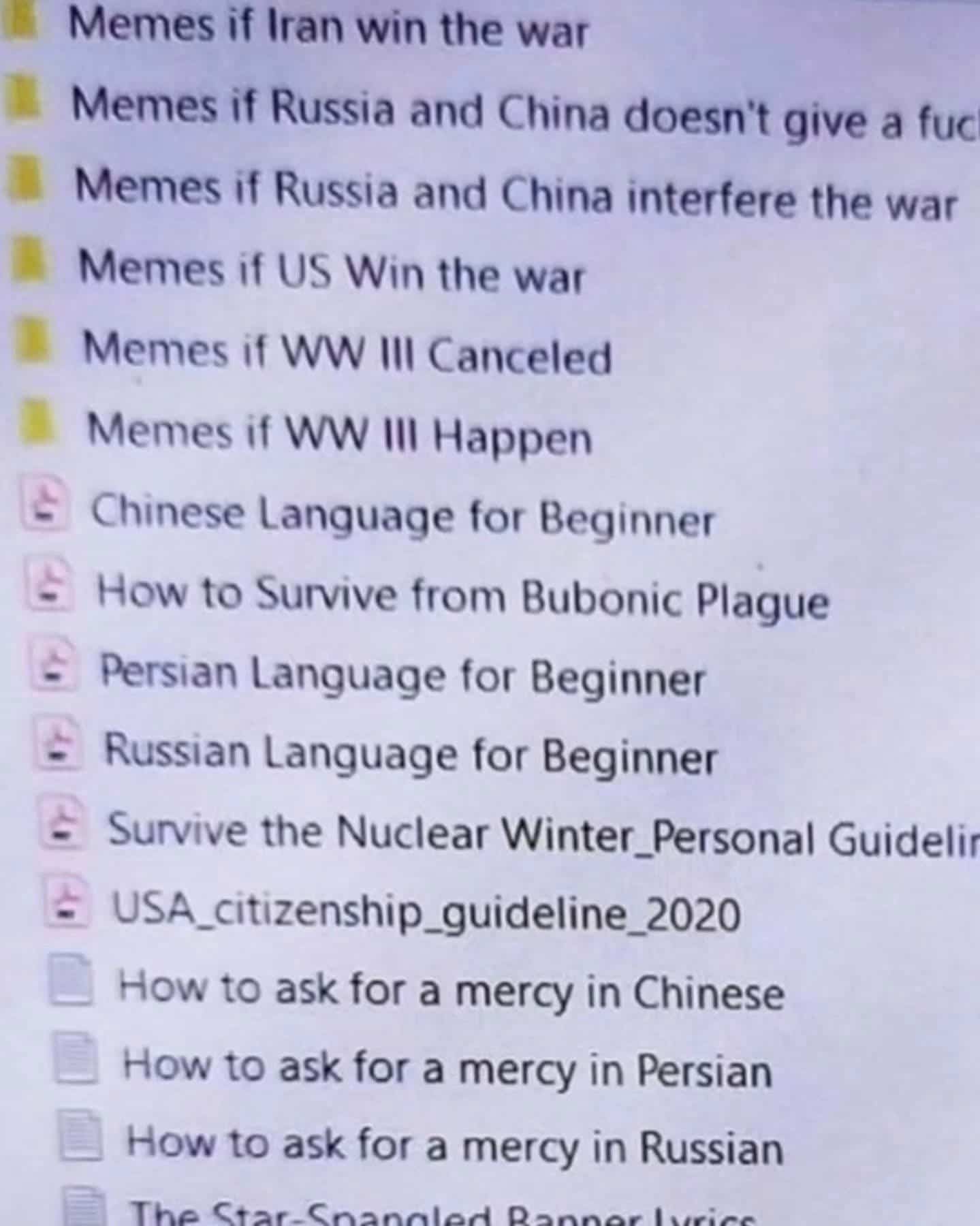 A computer file directory showing a list of folders and documents for various hypothetical World War 3 outcomes.