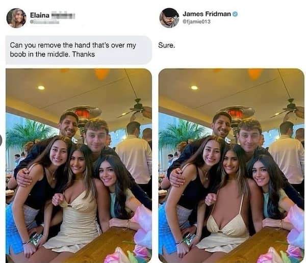 James Fridman Photoshop troll where he literally removes a woman's hand and skin in a photo.