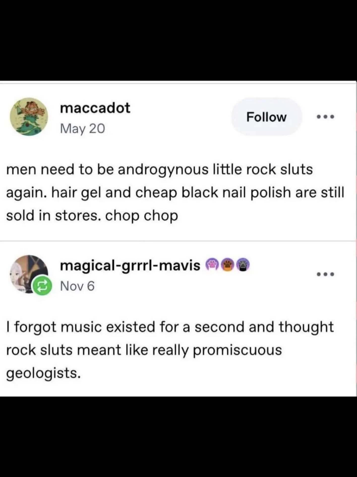 Social media thread joking about a misunderstanding between rock music subculture and the study of geology.